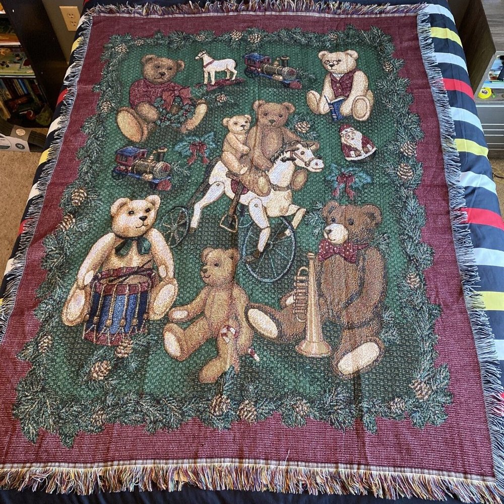Vintage Throw Blanket Woven Tapestry Bears and Toys Christmas.
